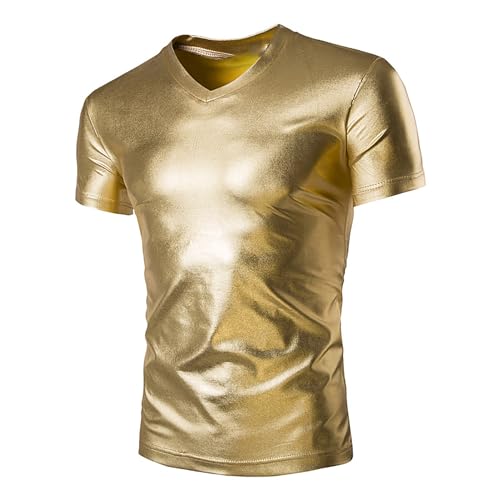 T-Shirt Herren mit Pailletten-Glitzer Tshirt Herren Rundhals Kurzarm Shirt Metallic Casual Slim Fit Karneval Glänzend Oberteil 70er Disco Party Kostüm T-Shirts für Fasching Nachtclub Mottoparty von Generic