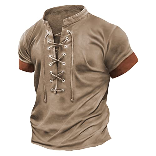 T-Shirt Schwarz Herren Hemd Langarm Sport Herren V-Ausschnitt Einfarbiges Tunnelzug Henley Shirt Mittelalter Hemd Kurzarm Revers Trachtenhemd Laufshirt Herren (Khaki, M von Generic