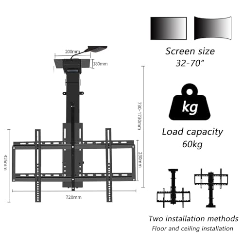 TV Bracket TV-Ständer, TV-Bodenständer – elektrische TV-Deckenhalterung, mit motorisierter TV-Halterung mit Fernbedienung, passend für 32–70 Zoll motorisierte TV-Ständer, 360° manuell drehbarer von Generic