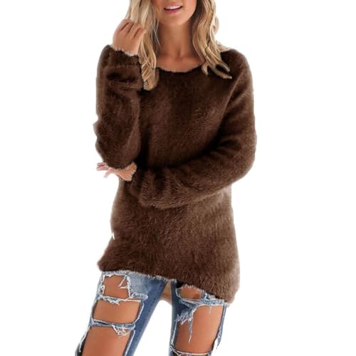 Teddy Fleece Pullover Damen Fleecepullover Einfarbig Rundhals Sweatshirt Ohne Kapuze Langarm Winterpullover Warm Oberteil Casual Sweatshirt Thermo Shirt Damen von Generic