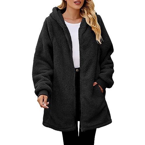 Teddyfleece Jacke Damen Lang Fleece Jacke Warm Winterjacke Große Größen Casual Outdoorjacke Damen Plüchmantel Einfarbig Basic Fleece Sweatjacke Plüch Wollmantel Damen Winter Hoodie Mit Zipper Damen von Generic