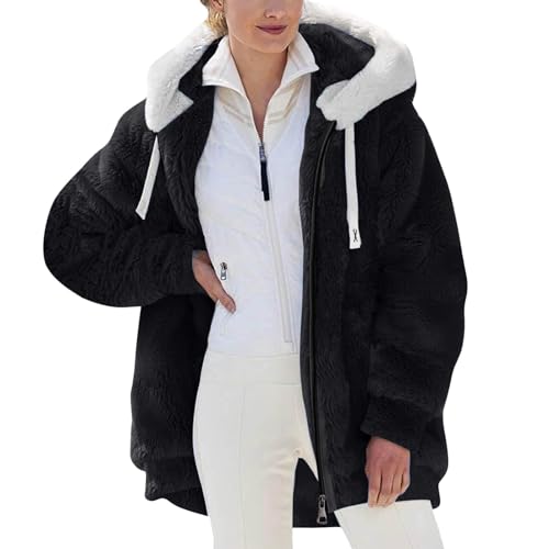 Teddyfleece Mantel Damen Outdoor Langer Wintermantel Damen Fleecejacke Damen Warm Sweatjacke Damen Lässige Modische Kapuzenjacke Damen Winter Mit Zip Wollfleece Jacke Damen Hoodie Mit Taschen von Generic