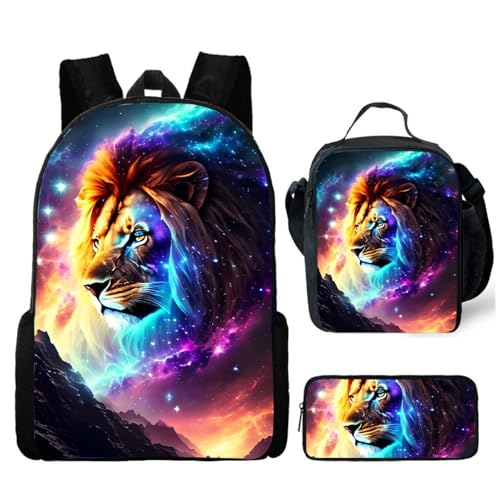 Tier Tiger Löwe Kinderrucksack,Lunch Bag,Federmäppchen 3-teilig 3D Gedrucktes Tiger Löwe Print Muster Rucksack Set Geeignet Für Teenager Und Kinderschultaschen (Styple 6#,17 in) von Generic