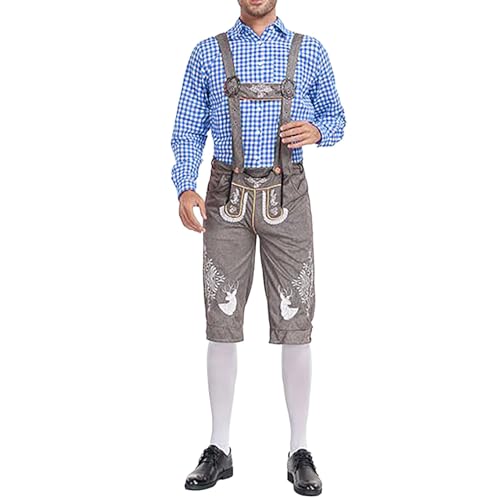 Trachten Lederhose Herren Grau Trachtenlederhose Kurz mit Hosenträger Trachtenhose Blau & Grün & Rot Kariertes Hemden für Herren Trachte Jogginghose für Oktoberfest Outfit von Generic