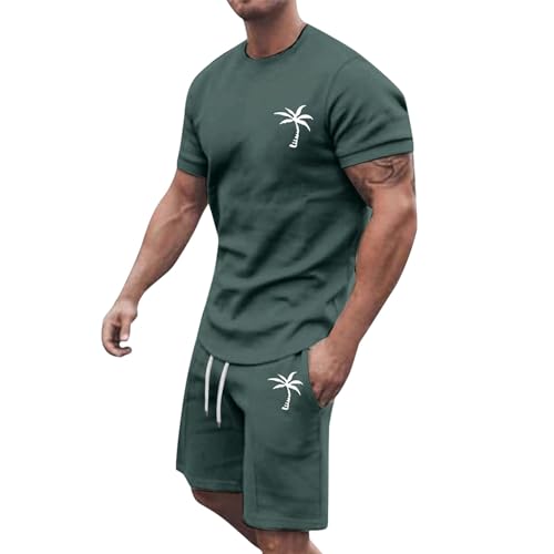 Trachtenset Herren Sommer Oversize Sets Kurzarm T-Shirt Trainingsanzug Casual Sportanzug Freizeit Kurze Jogginganzug 2-Teiliges mit Aufdruck Palme von Generic