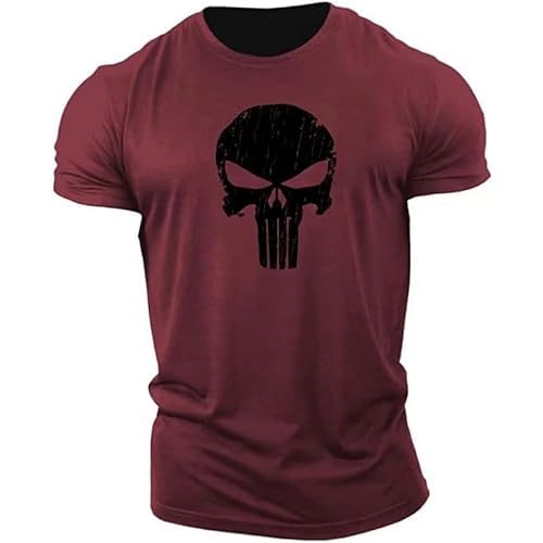 Tshirt Herren Sommer Tshirt Herren Totenkopf Sport Oberteile Casual Rundhals Basic Kurzarm Tee Shirts Lustig Sporthemd Schnell Trocknende Sportshirt Regular Fit Laufshirt (Weinrot,XL) von Generic