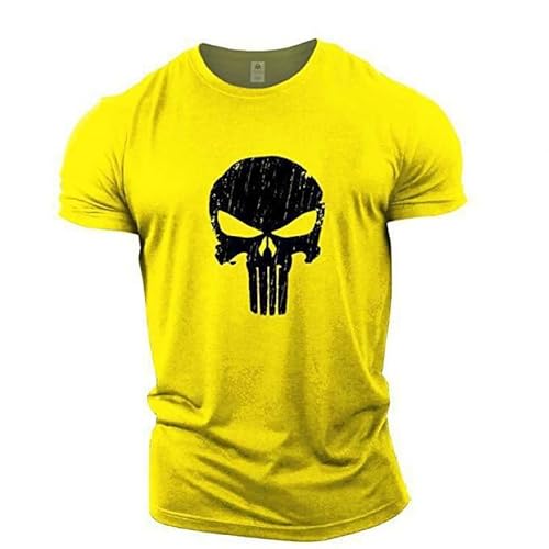 Tshirt Herren Totenkopf Tshirt Sommer Sport Oberteile Casual Rundhals Basic Kurzarm Tee Shirts Lustig Neuartiger Druck Sporthemd Schnell Trocknende Sportshirt Regular Fit Laufshirt (Gelb,L) von Generic