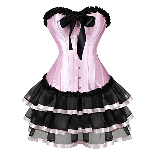 Tüllrock Damen Mit Korsett Set, Faschingskostüme Damen Corsage Mit Rock, Schulterfreies Corset Top Mittelalter Rock Damen Anzug Korsage Sexy Figurformende Tüll Korsett Piraten Rock Damen Für Party von Generic