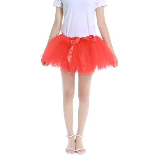 Tütü Damen Rose Rot Erwachsene Tüllrock Rose Rot Damen Stretch 3 Lagen Tüll Ballettrock Karneval Kostüm Party Zubehör Urlaub Tanz Halloween Laufrock 80Er Rock Outfit Damen Ballett Rock von Generic