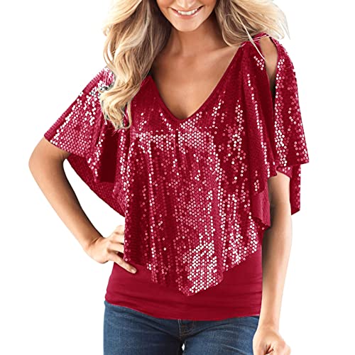 Tunika Damen Elegant Pailletten Oberteil Shirt Festliche Bluse Longshirt Rundhals Lässig T-Shirt Baumwolle Glitzer Tee Tops Leichte Vintage Sommershirt Weich Bequem von Generic