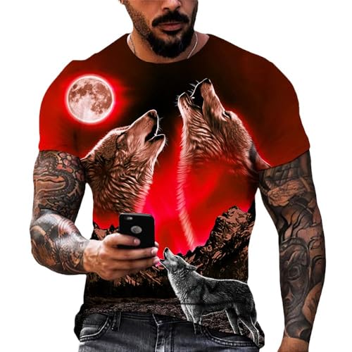 Unisex 3D Wolf Kurzarm Shirt T-Shirt Lustige Druck Beiläufige Kurzarm T-Shirts Tops S-6XL (Rot,XL) von Generic