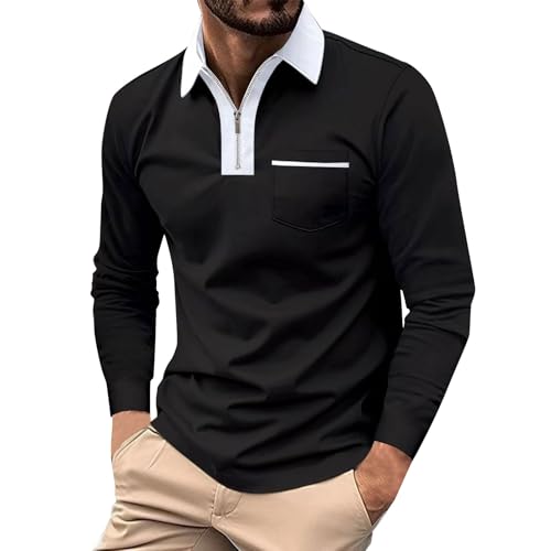 Warehouse Deals Angebote Rückläufer, Poloshirt Herren Langarm Poloshirts Für Herren Farbblock Revers Polohemd Regular Fit Poloshirts Für Herren Casual Golf Tennis Thermoshirt (Schwarz,3XL) von Generic