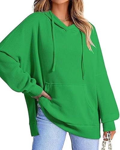 Weicher und dehnbarer Tunika -Hoodie, 2024 Hoodies Waffel Strick Seitenschlitz Abgerundeter Saum Hoodie mit (Large,Green) von Generic