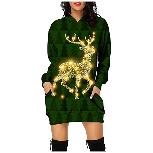 Weihnachten Kleid Damen Große Größen, Lustige Weihnachtspullover Lang Mit Taschen, Weihnachts Hoodie Damen Lang Sweatshirt Kleid Damen Mit Christmas Klassiker Bedruckt Weihnachten Damen Partykleid von Generic