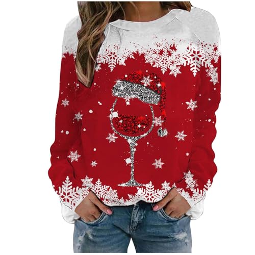 Weihnachten Pullover, Weihnachts Sweatshirt Damen, Lustig Weinglas Muster Christmas Sweater Weihnachtliche Langarm Basic-Sweatshirts Für Damen Oversize Rundhals Weihnachts Oberteile Für Mädchen von Generic