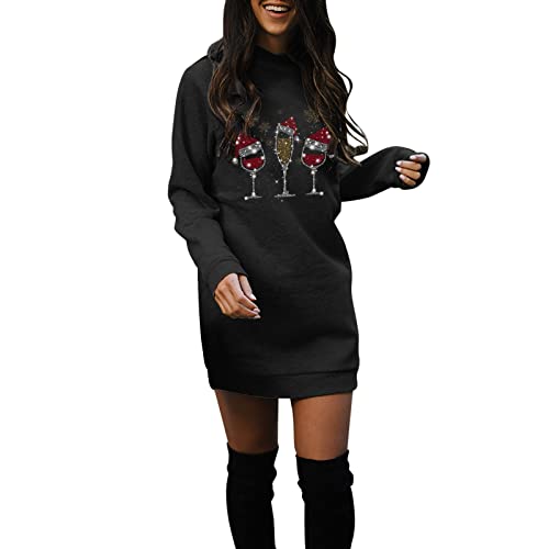 Weihnachts Hoodie Kleid,Weihnachtskleider Damen Lustig Weinglas Hoody Pulloverkleid Weihnachten Sweatkleid HäSsliche Weihnachtskleider Weihnachtspullover Kleider Christmas Sweatshirt Dress von Generic