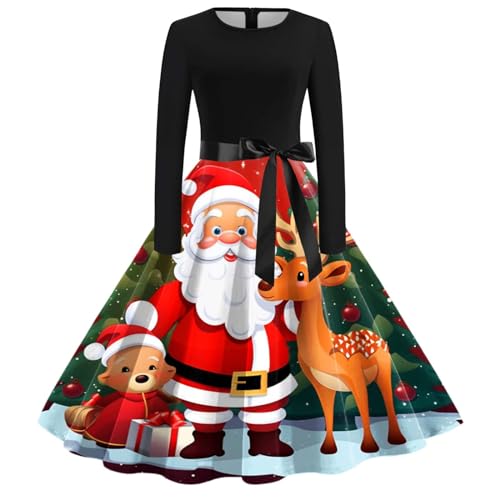 Weihnachts Kleid, Kleid Weihnachtsmotiv Damen Vintage Hepburn Cocktailkleid Langarm Weihnachten Druck A-Linie Swing Kleid Frauen Blusenkleid Christmas Dresses von Generic