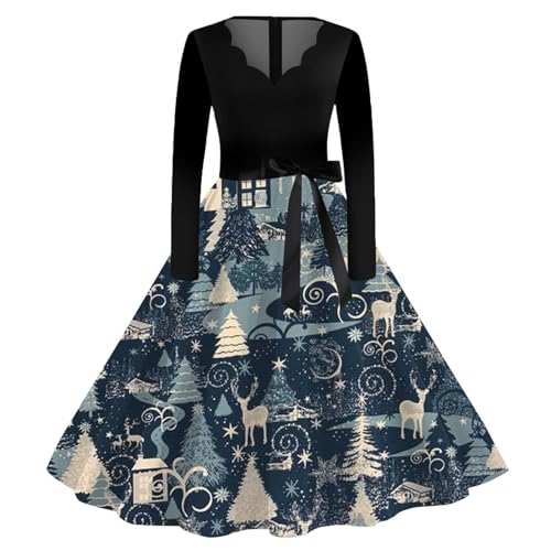 Weihnachtskleid Damen, Weihnachts Elegant Halloween Kleid, Langarm Rundhals A-Linie Weihnachten Kleid Schneeflocke Weihnachtsbaum Bedruckt Christmas Dress Weihnachts Großen Rock Kleid von Generic