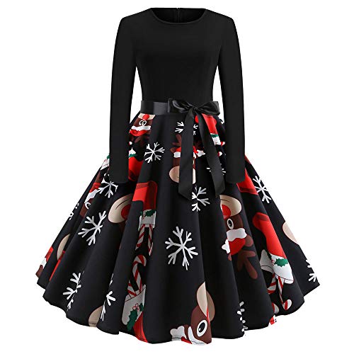 Weihnachtskleid Damen Elegant, Weihnachten Kleid Langärmeliges,Weihnachts Kleider Damen A Linien mit Gürtel Weihnachtsmotiv Cocktailkleid Rundhals Stretch Schwarz Partykleid Weihnachtsparty Dress von Generic