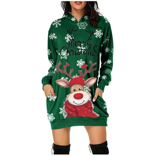 Weihnachtskleid Damen Lustig, Kleid Weihnachten Damen Sweashirt Lang Mit Taschen, Christmas Hoodie Damen Lang Kapuzenpullover Damen Lang Mit Klassiker Muster Winter Warm Weihnachten Damen Bekleidung von Generic