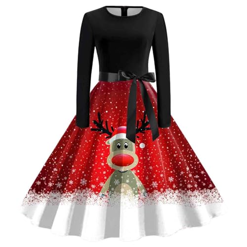 Weihnachtskleid Für Damen，Sexy Langarm Vintage Weihnachtskleider Santa Costume Elegant Cocktail Party Vintage Maxi Dresses a Line Vintage Party Dress Christmas Printed Dresses Cocktail Dress von Generic