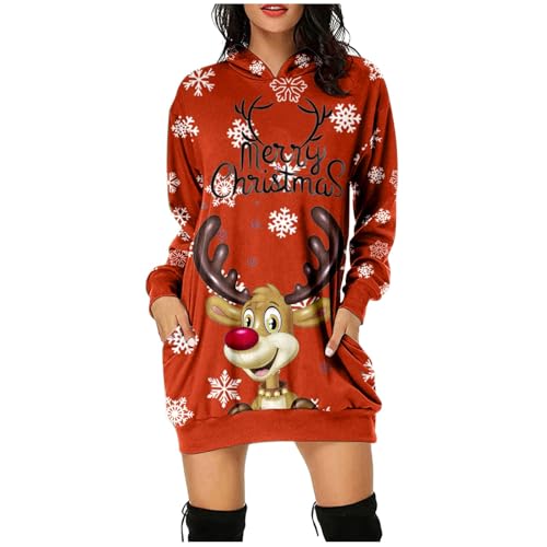 Weihnachtskleider Damen Baumwolle, Hässlicher Weihnachtspullover Lang Mit Taschen, Damen Hoodie Kleider Weihnachts Sweatshirtkleid Damen Mit Klassiker Muster Winter Warm Weihnachtskleid Damen Elegant von Generic