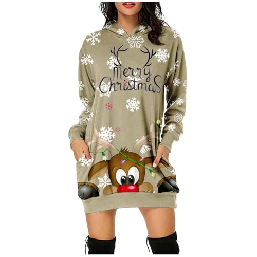 Weihnachtskleider Damen Baumwolle, Lustige Weihnachtspullover Lang Mit Taschen, Hoodie Kleid Damen Weihnachts Sweatkleid Damen Langarm Mit Klassiker Muster Damen Weihnachtspullover Kleid Hoodie von Generic