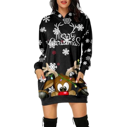 Weihnachtskleider Damen Baumwolle, Sweatshirt Kleid Damen Mit Taschen, Weihnachten Hoodie Damen Lang Lustige Weihnachtspullover Lang Mit Klassiker Muster Winter Warm Weihnachten Damen Bekleidung von Generic