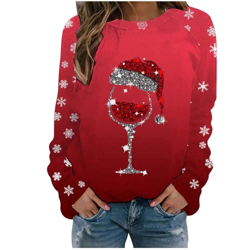 Weihnachtspulli Damen, Sweatshirt Damen Weihnachten, Lustig Weinglas Muster Christmas Sweater Weihnachtliche Langarm Basic-Sweatshirts Für Damen Oversize Rundhals Weihnachts Oberteile Für Frauen von Generic