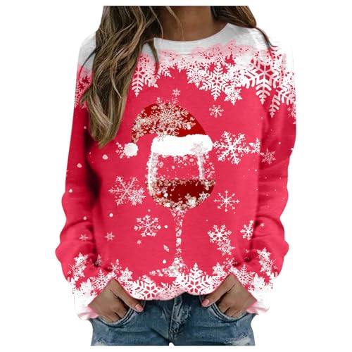 Weihnachtspulli Damen, Sweatshirt Weihnachten Damen, Lustig Weinglas Muster Christmas Sweater Weihnachtliche Langarm Basic-Sweatshirts Für Damen Oversize Rundhals Weihnachtspulli Damen Baumwolle von Generic