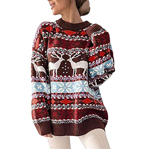 Weihnachtspullover Damen, Fleecepullover Damen Weiches, Langarm Weihnachtspullover Lustig Weinglas Weihnachts Muster Pulli Soft Lose Merry Weihnachtspulli Weihnachtspulli Teenager Mädchen Tops von Generic