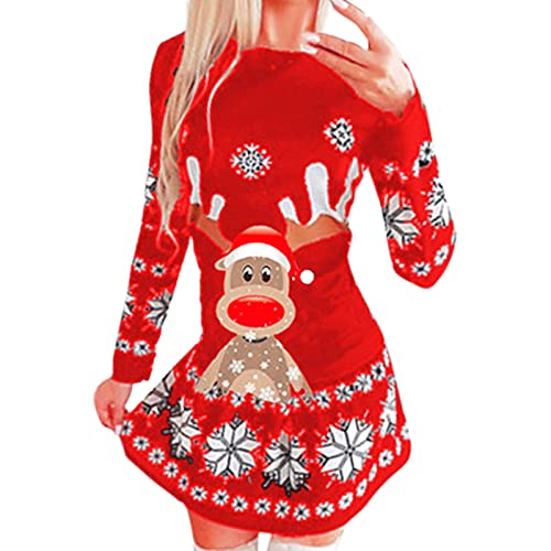 Weihnachtspullover Damen，Lustig Weihnachtsmotiv Warm Strickpullover Pulloverkleid Langarm Minikleid Rentier Druck Rundhals Kleid Elegant Weihnachtsfeier Kleider Oberteile Xmas Pulli Top von Generic