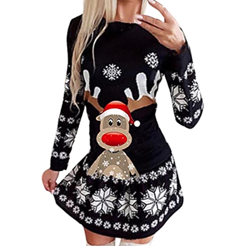 Weihnachtspullover Damen - Lustig Weihnachtsmotiv Warm Strickpullover Pulloverkleid Langarm Minikleid Rentier Druck Rundhals Kleid Elegant Weihnachtsfeier Kleider Oberteile Xmas Pulli Top von Generic