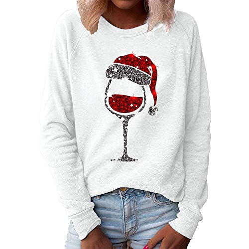 Weihnachtspullover Damen Rundhals- Weihnachts Sweatshirt Damen mit Weinglas Weihnachtsmotiv-Weihnachtsshirt Damen Langarm Locker Lässige Weihnachtspulli Weihnachtsweatshirt Pullover Oberteile von Generic