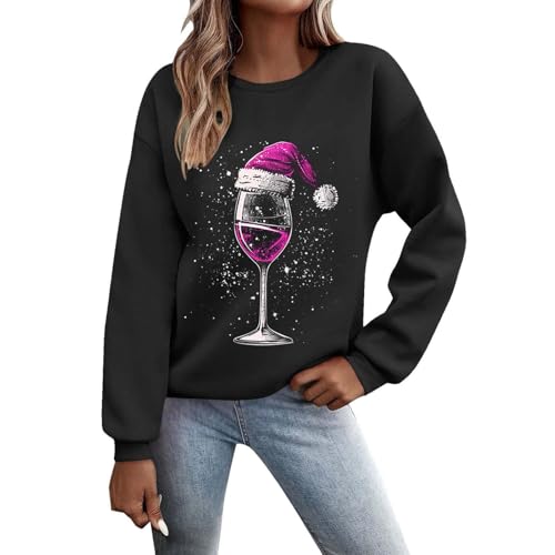 Weihnachtspullover Damen Sweatshirt Lustig Weinglas Gedruckt Muster Druck Rundhals Langarm Weihnacht Pullover Casual Christmas Sweat Oberteile Xmas Pulli Damen Tops von Generic