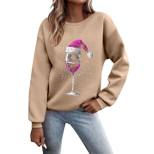 Weihnachtspullover Damen Sweatshirt Lustig Weinglas Gedruckt Muster Druck Rundhals Langarm Weihnacht Pullover Casual Christmas Sweat Oberteile Xmas Pulli Damen Tops von Generic