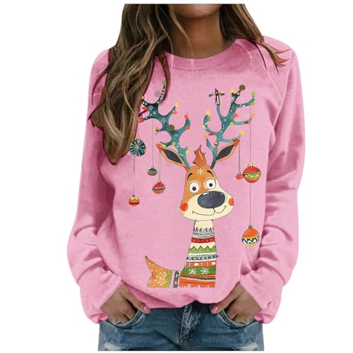 Weihnachtspullover Damen Weihnachtspullover Sweater Langarm Baumwolle Fleecepullover Rundhals Pulli Elegant Oversized Oberteil Streetwear Sweatshirts ohne Kapuze Bluse Tops von Generic