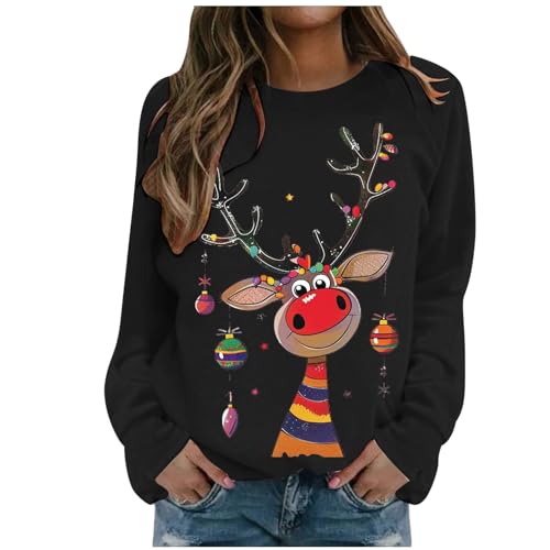 Weihnachtspullover Damen Weihnachtspullover Sweater Langarm Baumwolle Fleecepullover Rundhals Pulli Winter Frauen Elegant Oversized Oberteil Streetwear Sweatshirts ohne Kapuze Bluse Tops von Generic