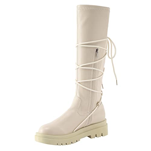 Weiße Lange Stiefel für Damen, mittelhoher Stiefel, Bequeme runde Zehen, einfarbige Schuhe, Dicker Boden, warme Schnürstiefeletten, Herbst- und Winter-Modeschuh, Flacher, mit Fell gefütterter Stiefel von Generic