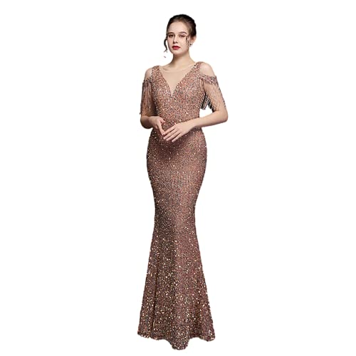 Weißes Abendkleid für Damen Einfarbiges, das langes formales Kleid wischt Geschlitztes Swingkleid mit hoher Taille Ärmelloses Partykleid mit V-Ausschnitt,Gold,L von Generic