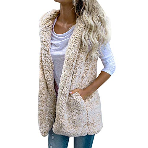 Weste Damen Weste Lang Teddy Jacke Große Größe Ärmellos Plüschjacke mit Kapuze Winter Warm Cardigan Frauen Winterjacke Lose Teddyweste Mantel (Beige,XXL) von Generic