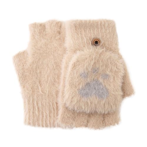 Winter Student Kinder Halbfinger Flip Cartoon Herbst und Winter Fleece verdickte warme Handschuhe Dkh219 (Beige, 7-18 Years) von Generic