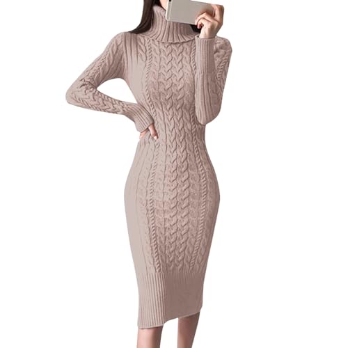 Winterkleid Damen, Langarm Einfarbige Casual Winterkleid A-Linien Knielang Enges Sexy Zopfmuster Kleid Elegant Strickpullover Kleid Strickkleid Cocktail Strickdresses Für Women von Generic