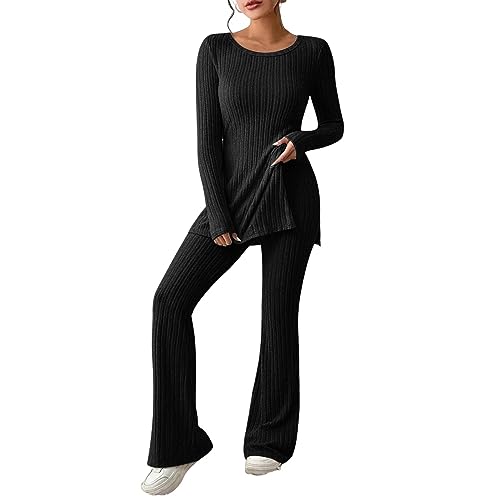 Zweiteiler Damen Strickanzug Langarm Gerippt Strickpullover + Lange Schlaghose Sportanzug Lounge Set Freizeit Outfit von Generic