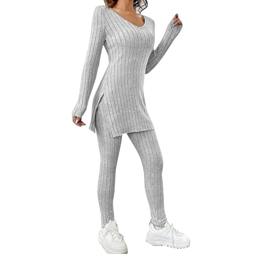 Zweiteiler Damen Strickanzug Langarm Gerippt Strickpullover Lange Schlaghose Sportanzug Lounge Set Freizeit Outfit Zweiteiler Damen Freizeit Set von Generic