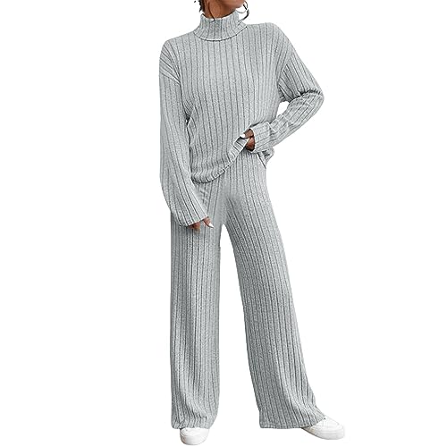 Zweiteiler Damen Strickanzug Langarm Gerippt Strickpullover Lange Schlaghose Sportanzug Lounge Set Freizeit Outfit Zweiteiler Damen Freizeit Set von Generic