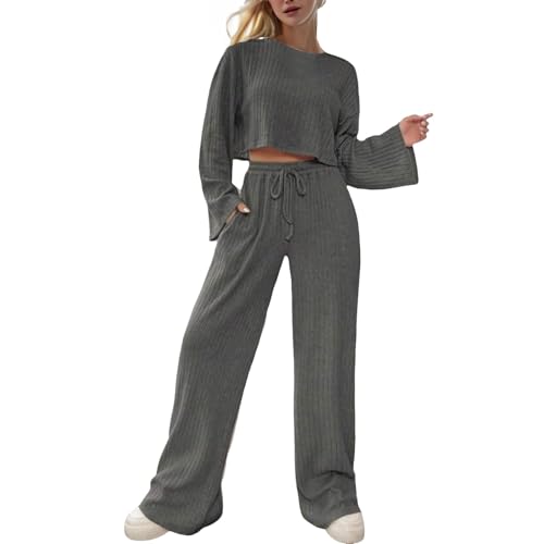 Zweiteiler Damen Strickanzug Langarm Gerippt Strickpullover Lange Schlaghose Sportanzug Lounge Set Freizeit Outfit Zweiteiler Damen Freizeit Set Zweiteiler Damen Strickanzug Langarm Gerippt Strickpullover Lange Schlaghose Sportanzug Lounge Set Freizeit Outfit Zweiteiler Damen Freizeit Set von Generic