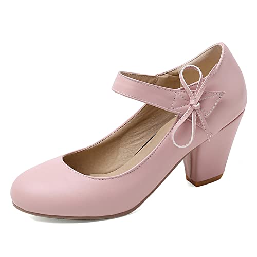 absätze für Damen, Damen-Schuhe mit hohen absätzen, Dicke runde Zehenschuhe, hochzeitskleid, büro, Damen-knöchel-schnürschuhe (rosa, 6,5) von Generic