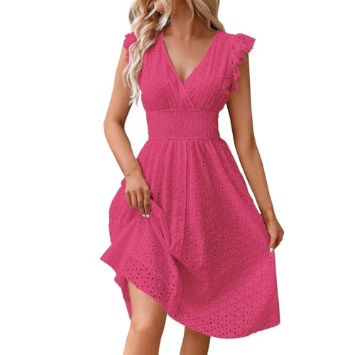 Meine bestellungen anzeigen schöne leichte Sommerkleider Dresses for Women Kleid lang Einfarbig Spitze Hohl V-Ausschnitt Rüschen Kurze Ärmel Mini Kleid Spitzenkleid (Rosa, S) von Generic