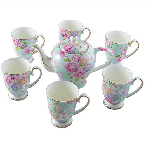 teeservice für Erwachsene Bone China tassen rosa teekanne mit 6 teetassen große kapazität kaffeetassen für nachmittagstee und Kaffee,blau von Generic